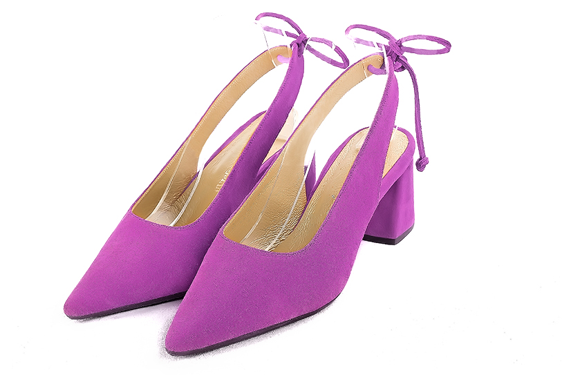 Mauve purple women's slingback shoes. Pointed toe. Medium flare heels. Front view - Florence KOOIJMAN